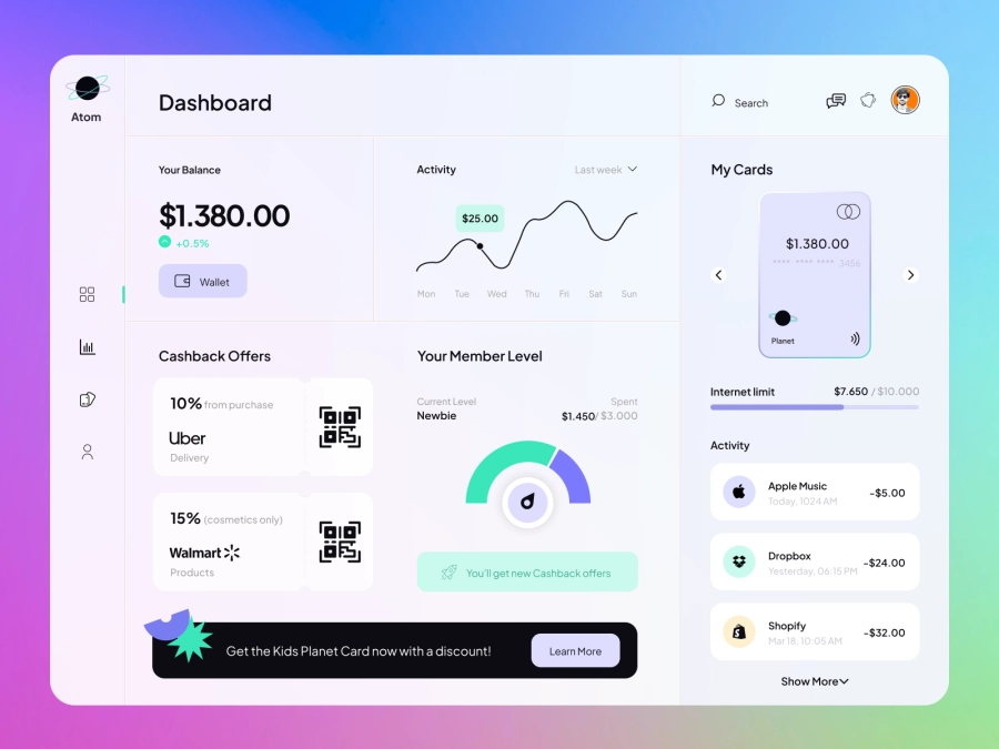 Atom - Finance App Dashboard UI Template