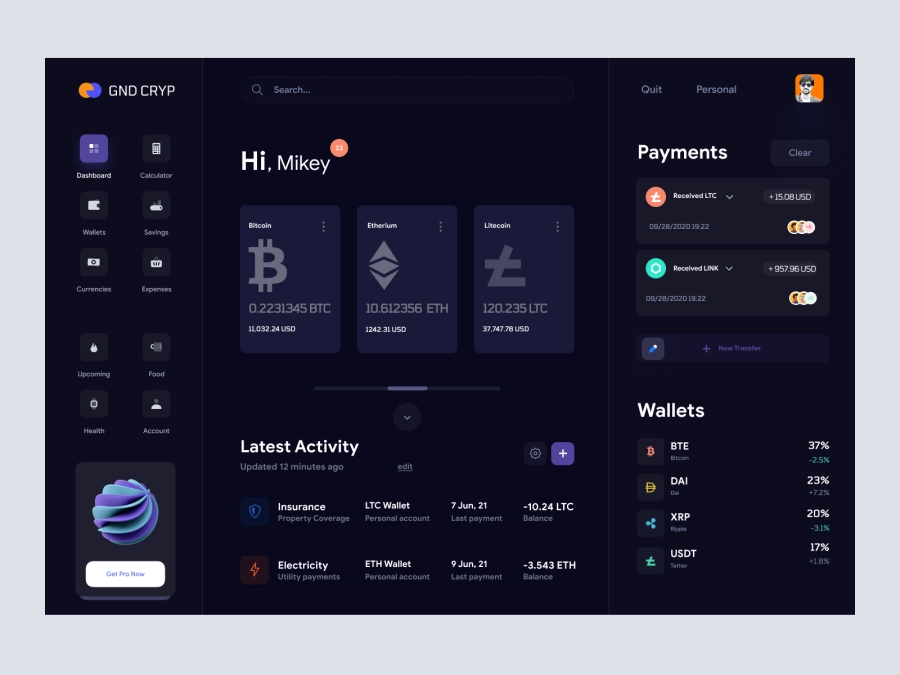 Download CryptoCore - Cryptocurrency Dashboard UI Concept Dark Version for Adobe XD