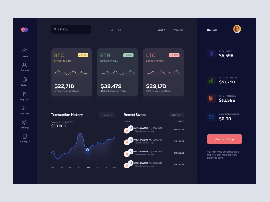 Download CryptoCrest - Cryptocurrency Wallet Dashboard UI Dark Layout for Adobe XD