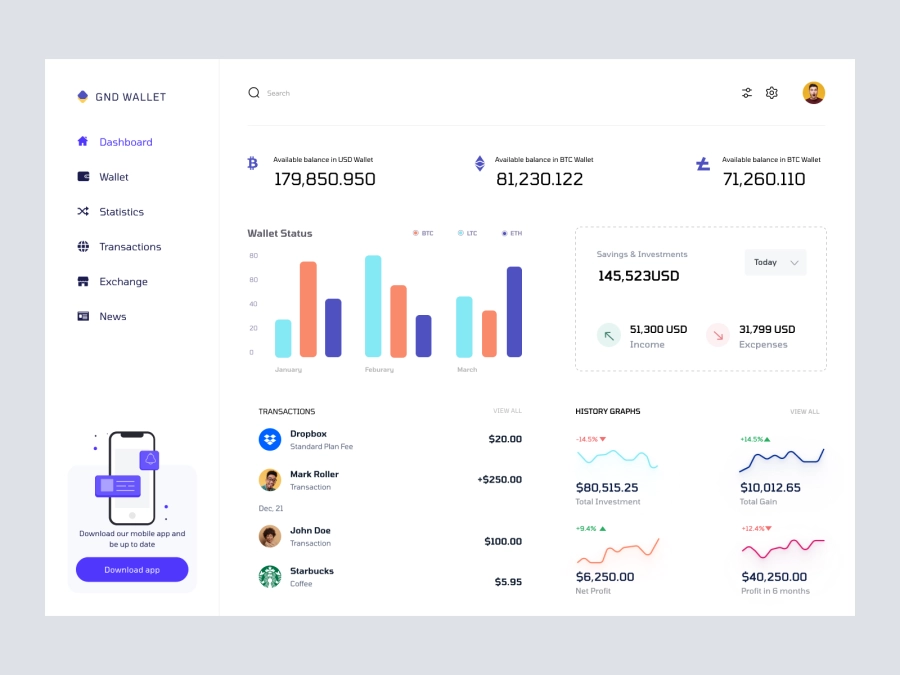 Download Cryptocurrency Dashboard UI Concept for Adobe XD