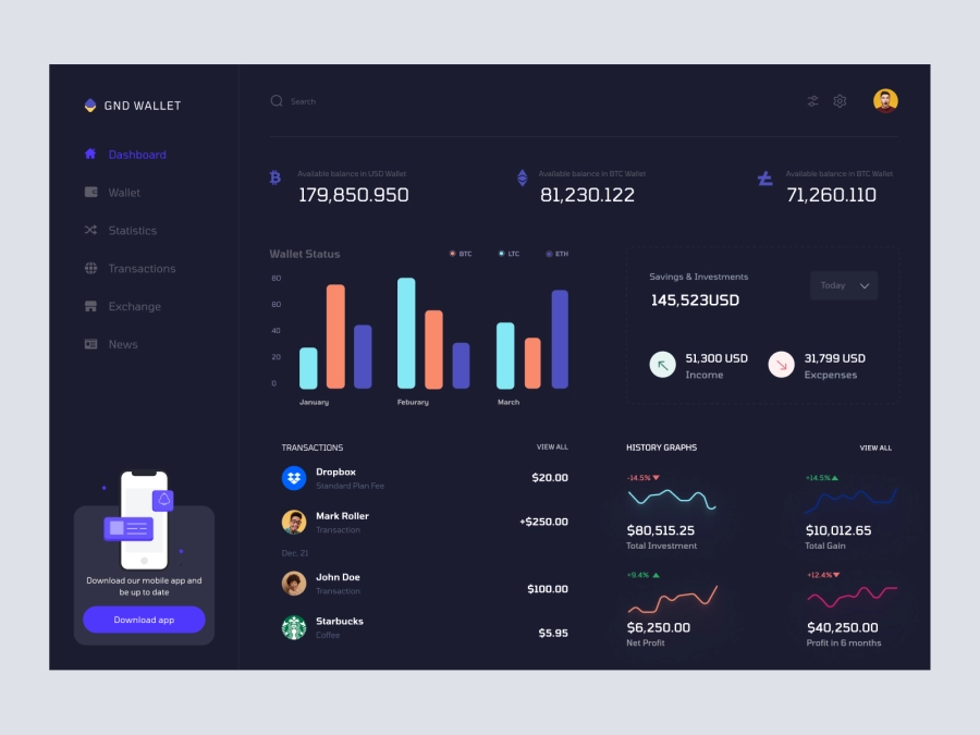 Dhoya - Cryptocurrency Dashboard UI Concept