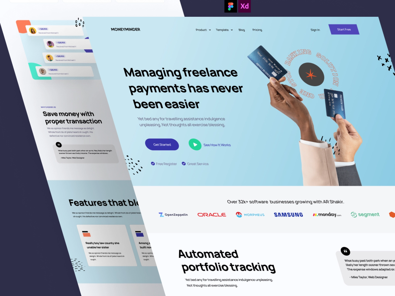 MoneyMinder - Payment Manager Finance App landing Page for Adobe XD - screen 2