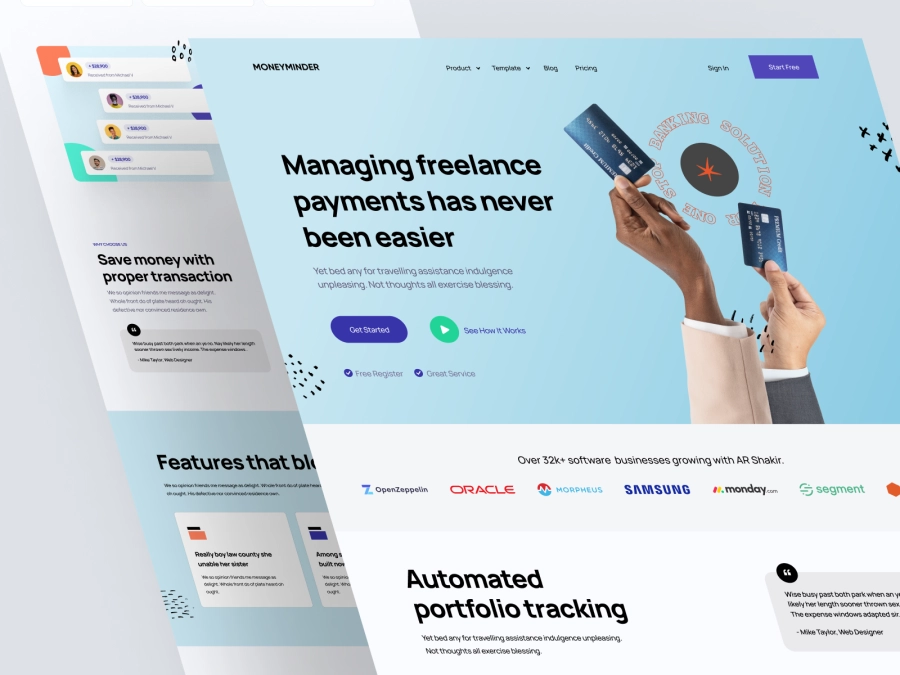Download MoneyMinder - Payment Manager Finance App landing Page for Adobe XD