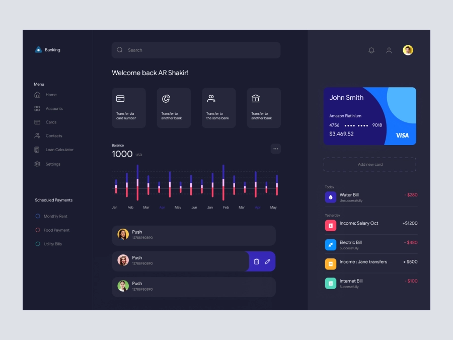 PixelPay - Banking Dashboard UI Dark Version