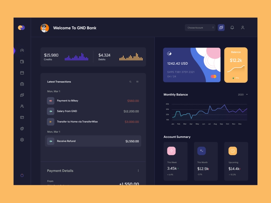 Download QuantumCash - Banking Dashboard UI - Dark Version for Adobe XD